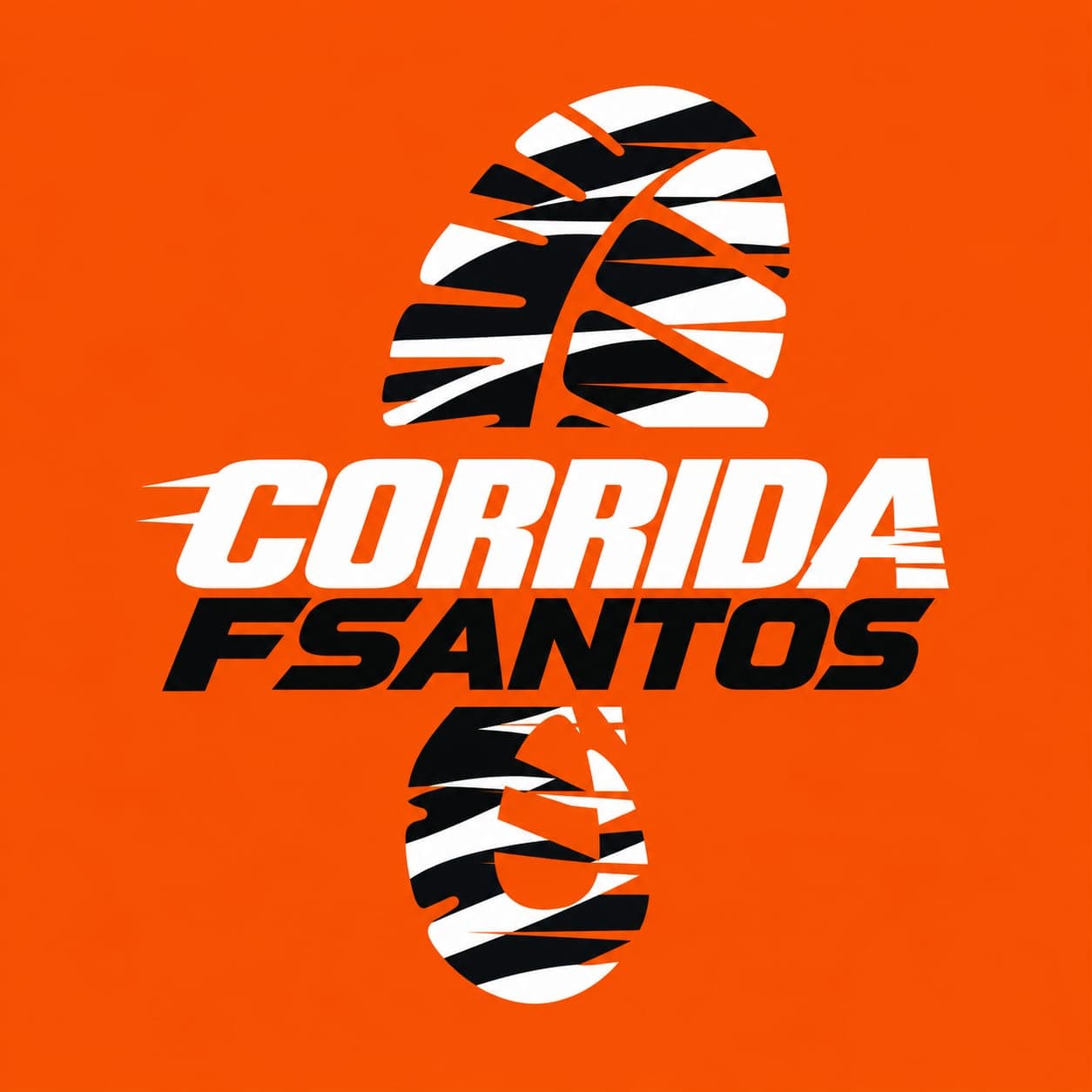 Logo da Corrida FSantos: pegada de tênis em listras pretas e brancas