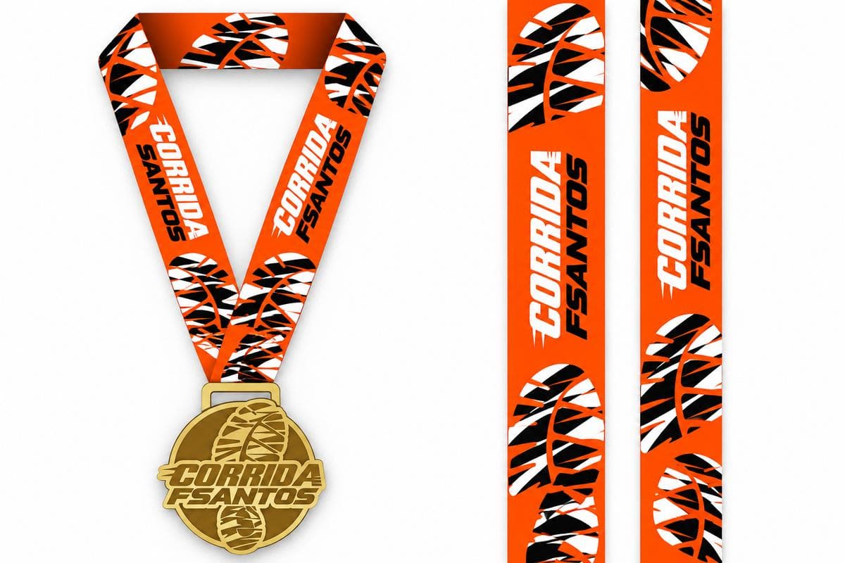 Medalha dourada e fita laranja da Corrida FSantos